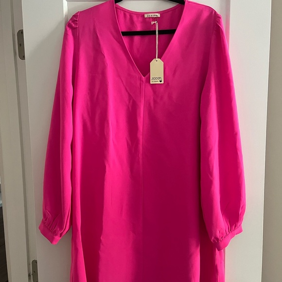 hot pink fall dress Hot Pink Silky Satin A-line V-neck Prom Dresses, MP942 main image 0